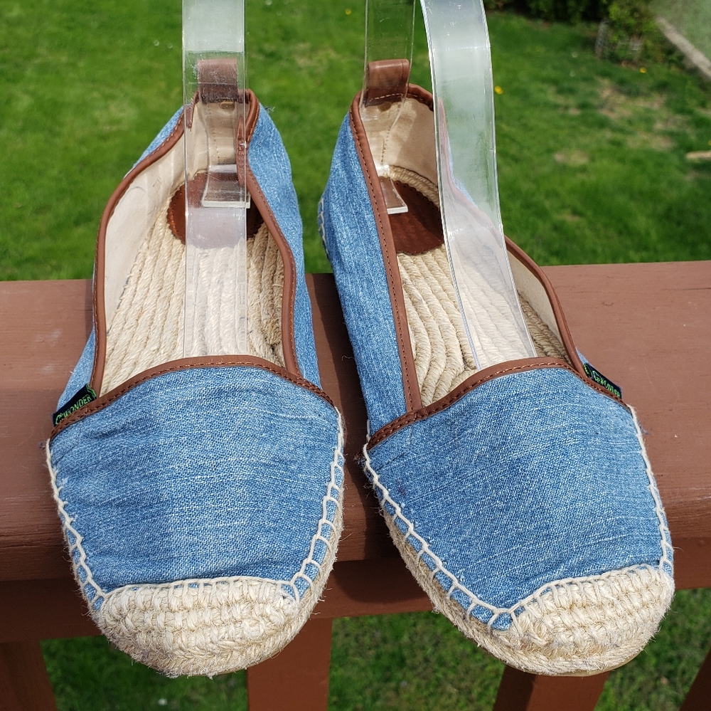 Espadrilles Blue Flats Canvas Leather Preppy C WONDER  7 1/2